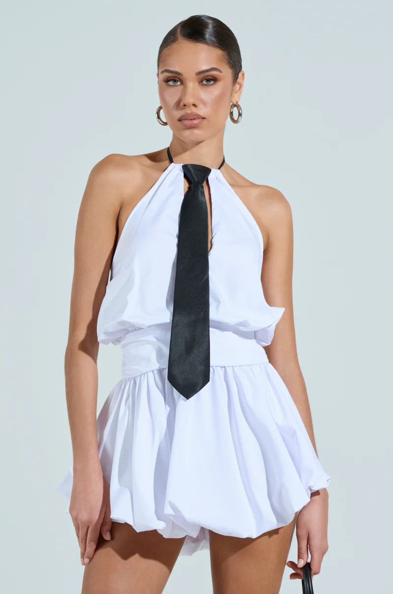 OUT OF OFFICE MINI BUBBLE DRESS WITH TIE | AKIRA