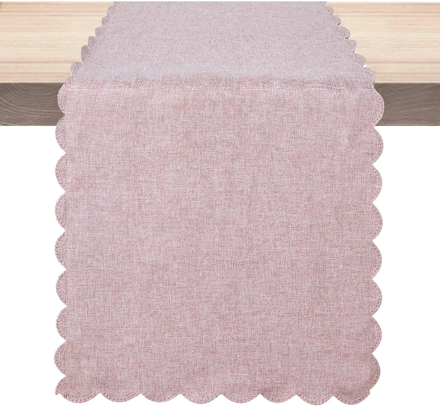 Table Runner 13 x 72 Inches Long, Cotton Linen Farmhouse Scallop Style Pink Table Linen for Kitch... | Amazon (US)