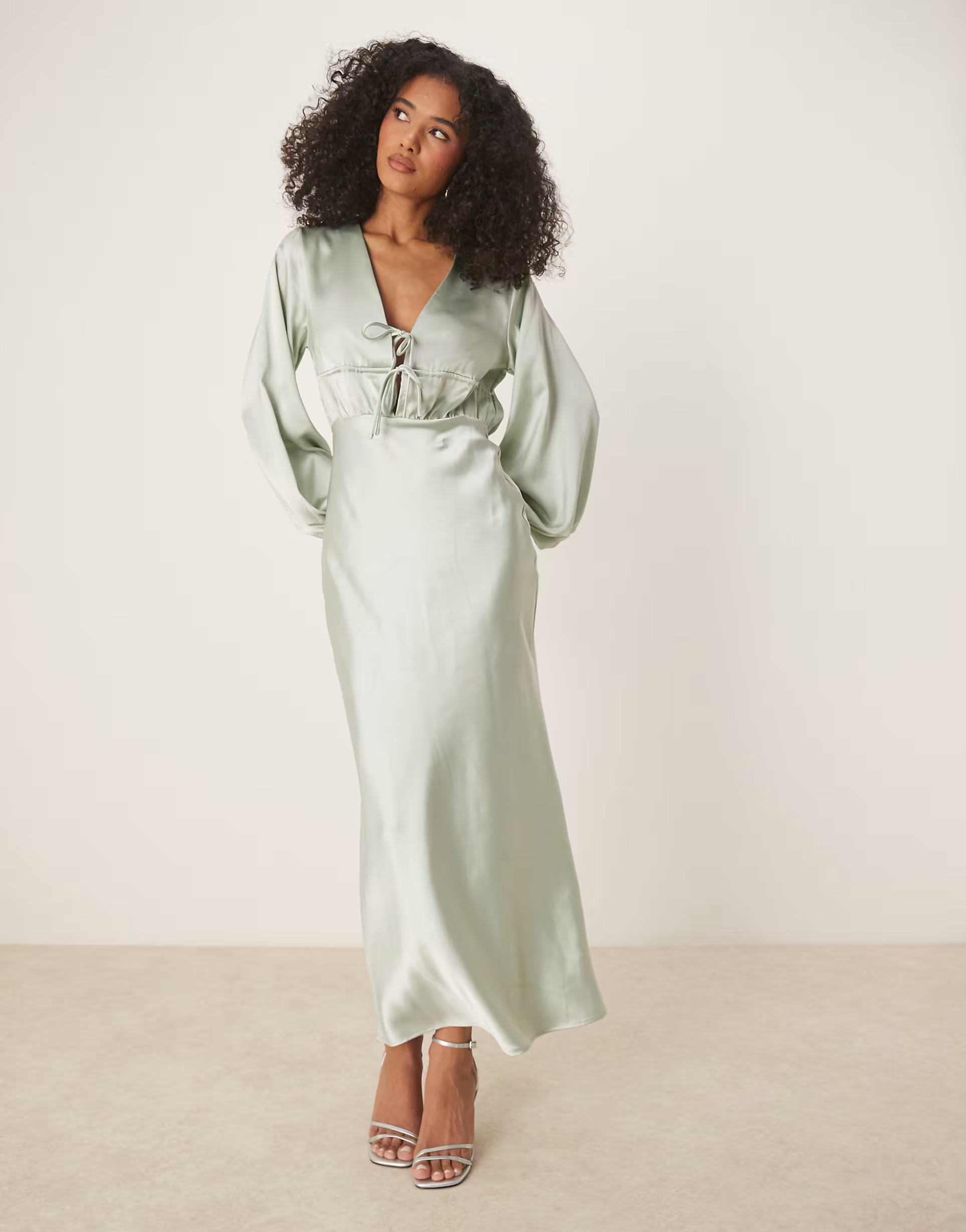 Gina Tricot satin long sleeve v neck tie front midi dress with ruched details in light green | ASOS (Global)