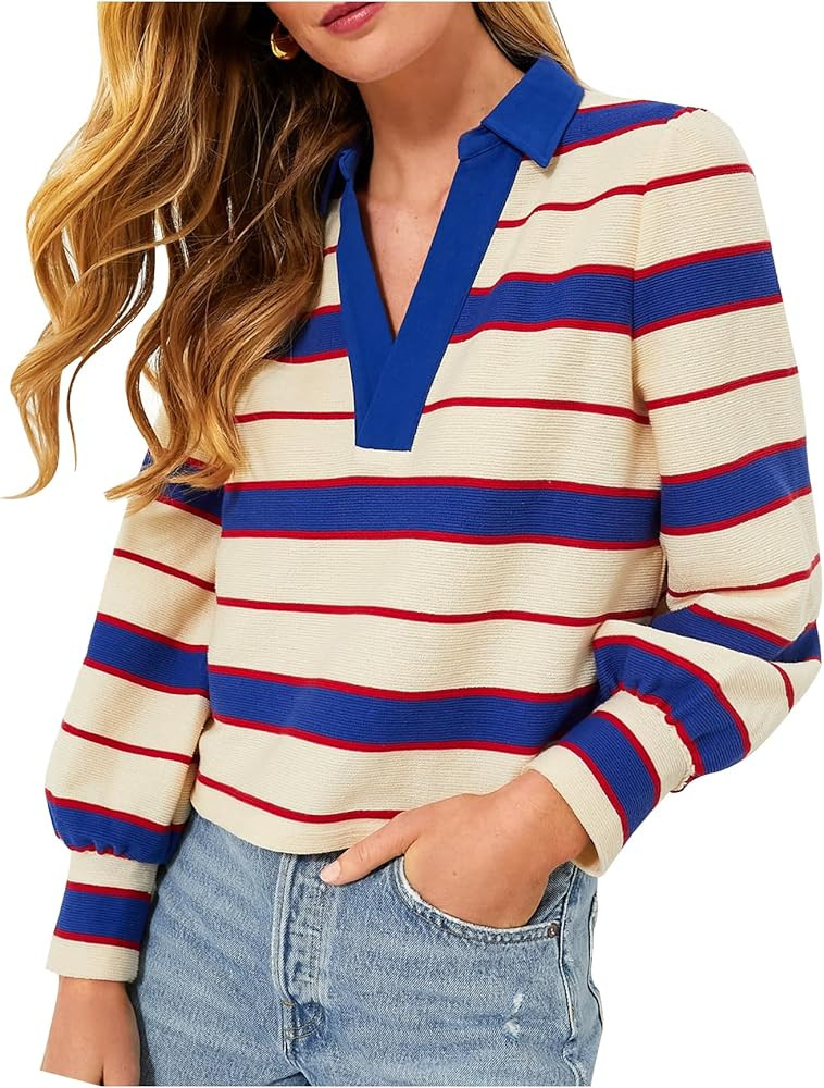 Women's Striped V Neck Knitted Sweater Casual Long Sleeve Polo Sweaters Loose Lightweight Crop To... | Amazon (US)