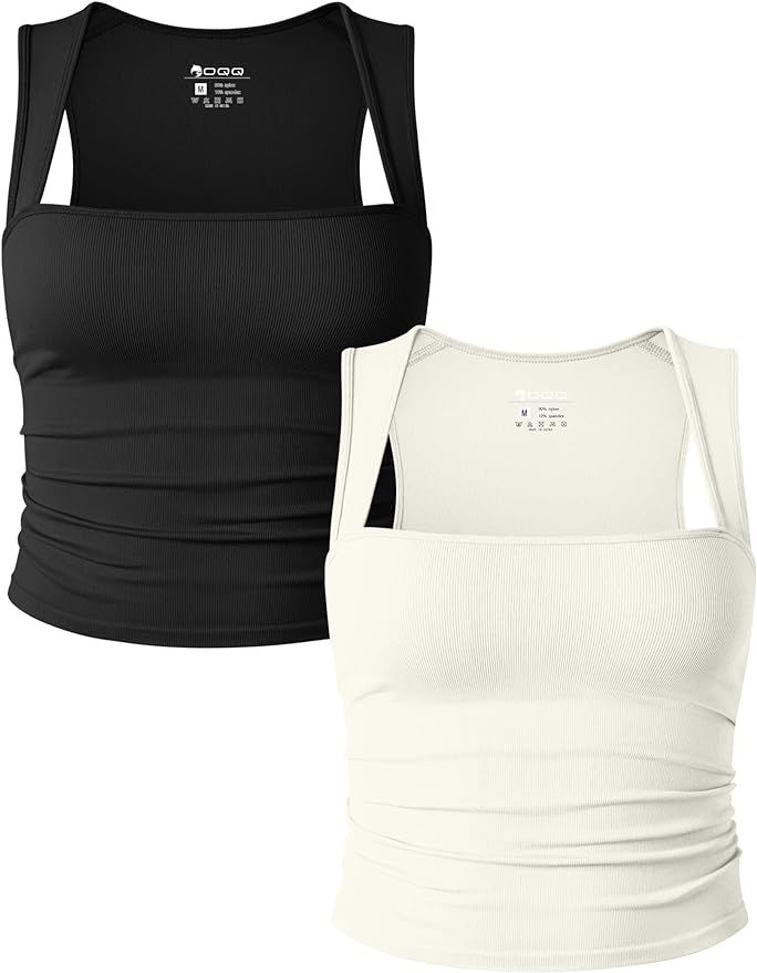 OQQ Womens 2 Piece Tank Tops Rueched Sleeveless Square Neck Ribbed Stretch Basic Shirts | Amazon (US)
