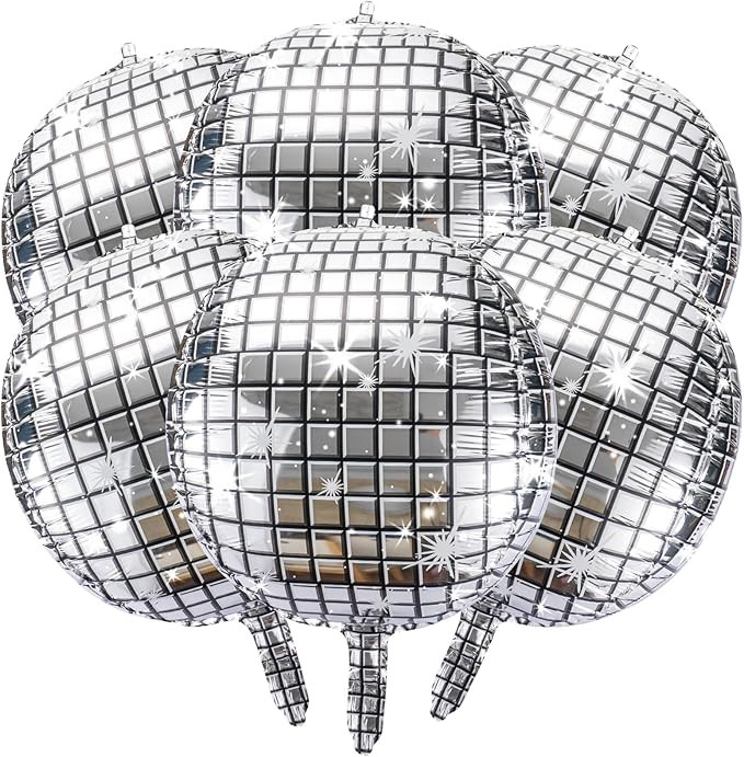 6 Pcs Silver Disco Balloons - 22 Inch 4D Round Disco Ball Balloon, Metallic Mylar Balloons with S... | Amazon (US)