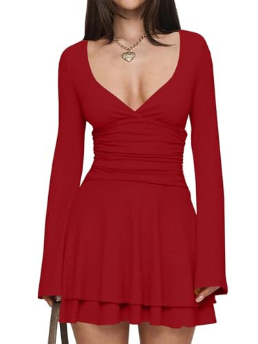 Misng Women's Sexy V Neck Ruffle Hem Mini Dress Long Sleeve Ruched Waist Short Party Dress, Large, Red | Amazon (US)