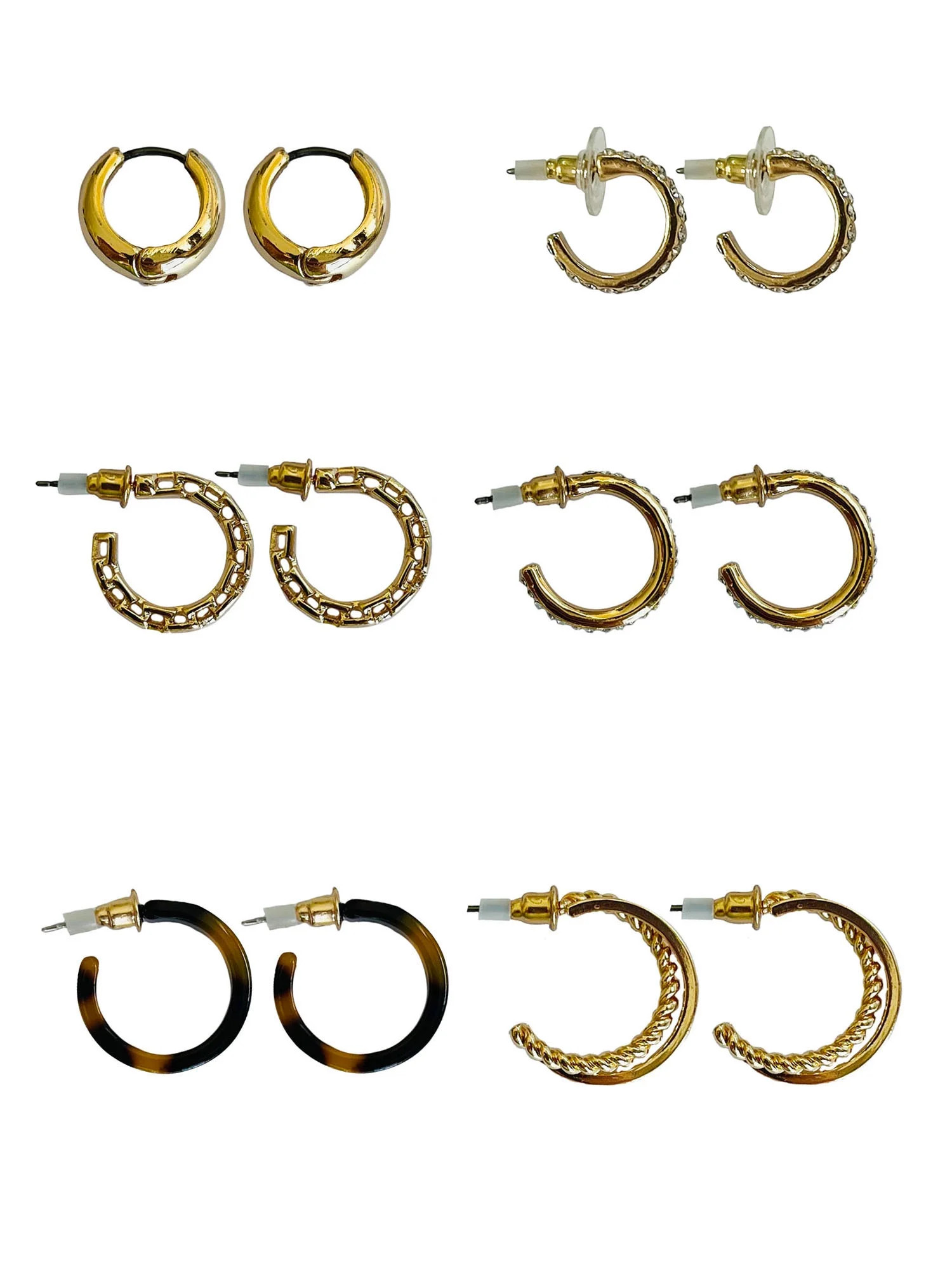 Time and Tru Pave and Torte Stones Gold Plated Earrings with Bullet Backs, 6 Pack | Walmart (US)