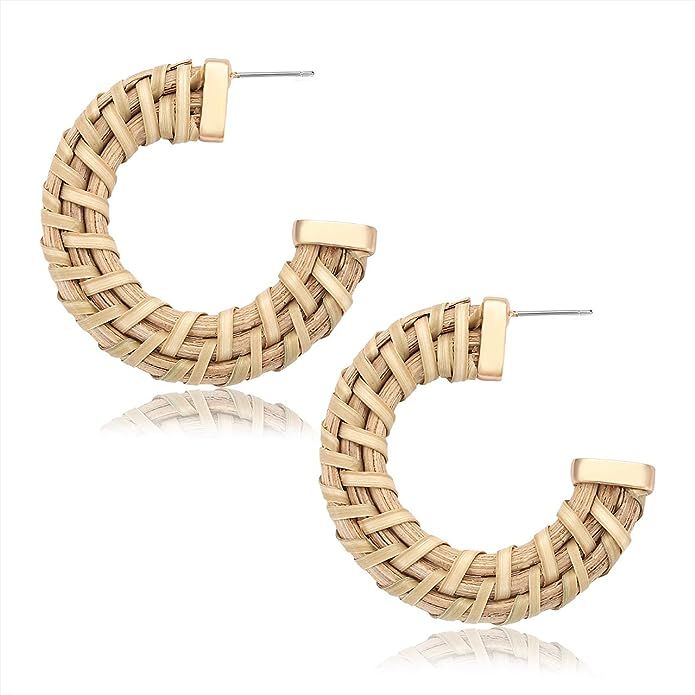 PHALIN Rattan Hoop Earrings Boho Woven Wicker Earrings Straw Braid Circle Earrings Lightweight St... | Amazon (US)