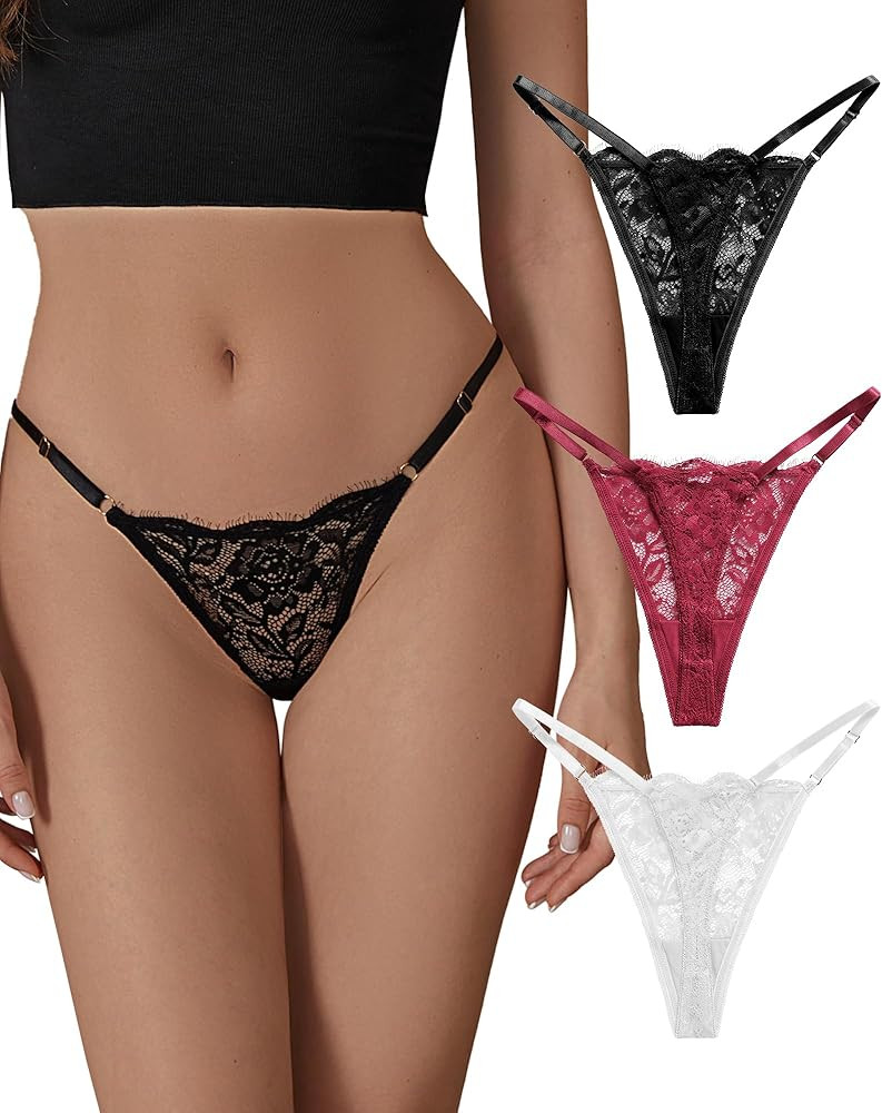 SHARICCA Lace G-String Thongs for Women Adjustable Sexy Low Rise Underwear Breathable T-back Thon... | Amazon (US)