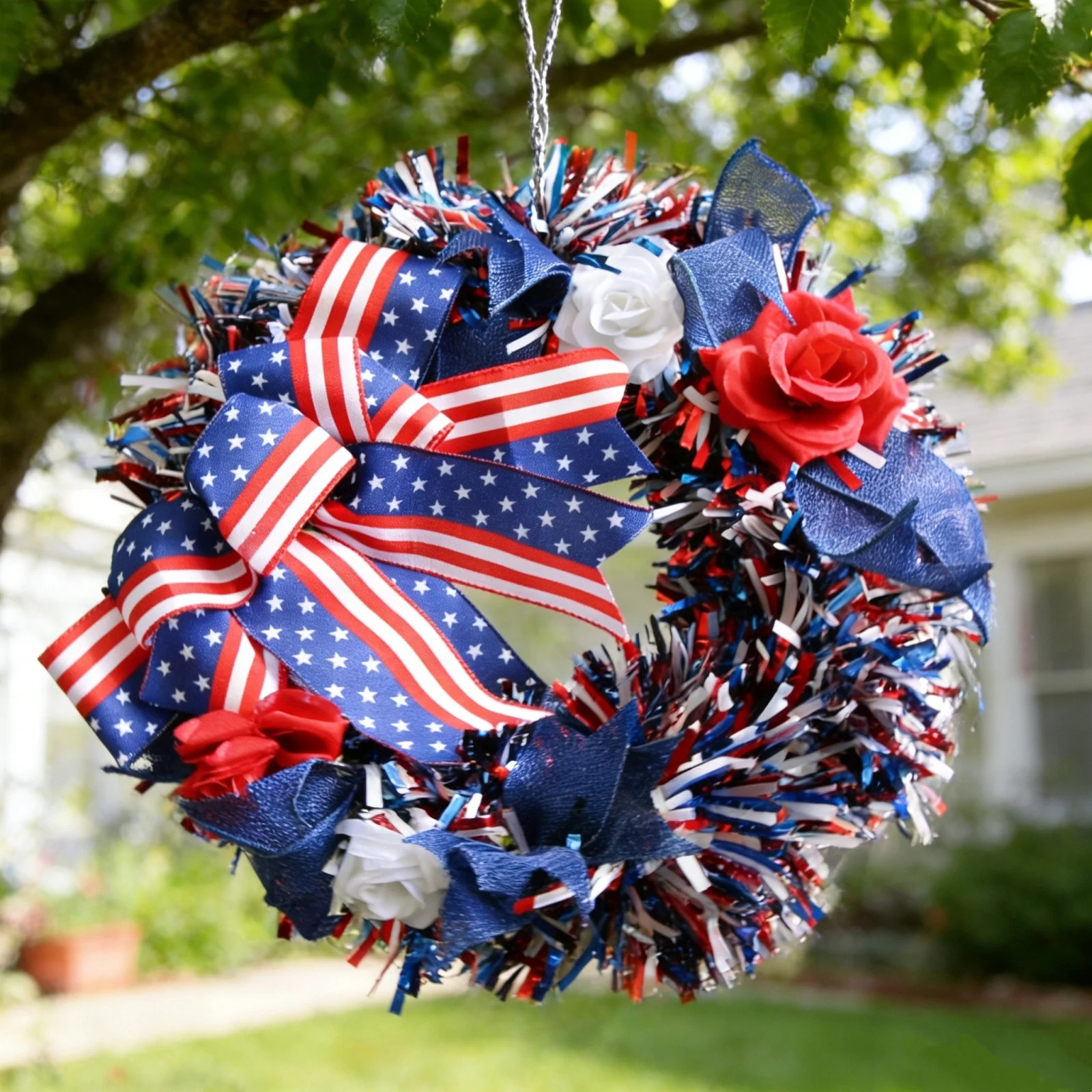 4th of July Patriotic Flag Wreath Independence Day Decor Red White Blue Star Wreath Front Door Wa... | Walmart (US)