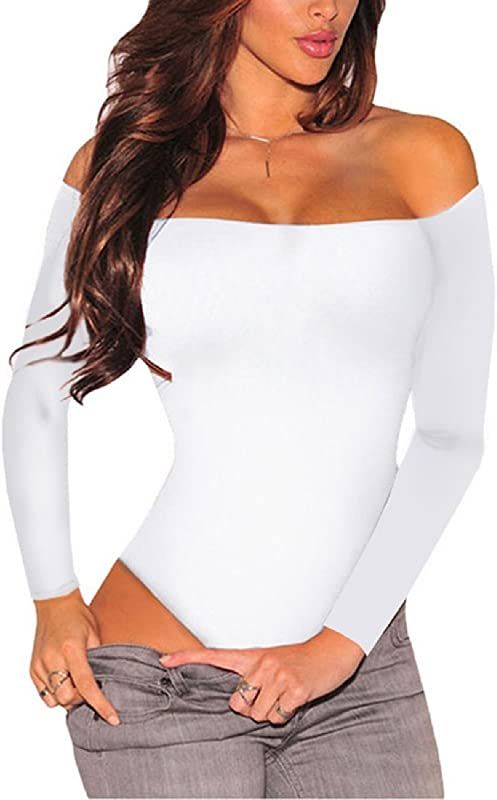 MAYFASEY Women's Sexy Off Shoulder Long Sleeve Bodycon Bodysuit Leotard Jumpsuit Tops | Amazon (US)