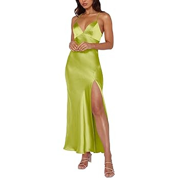 Cosonsen Women's Cocktail Party Dress Satin V-Neck Spaghetti Strap Split Open Back Long Maxi Dres... | Amazon (US)
