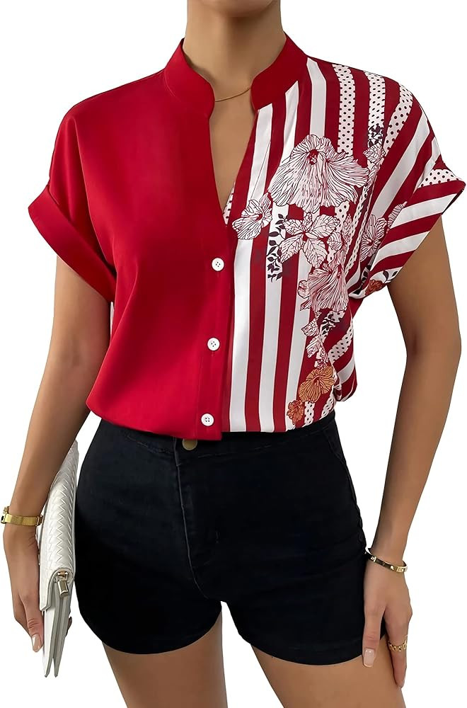 Pantete Womens Patchwork Button Down Shirt V Neck Short Sleeve Striped Blouse Tops | Amazon (US)