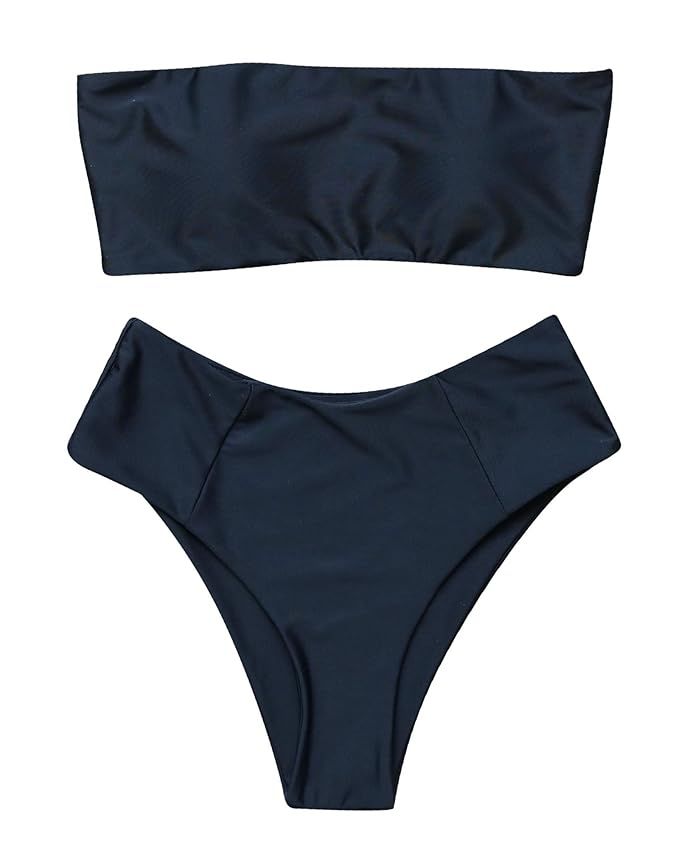 OMKAGI Women's 2 Pieces Bandeau Bikini Swimsuits Off Shoulder High Waist Bathing Suit High Cut | Amazon (US)