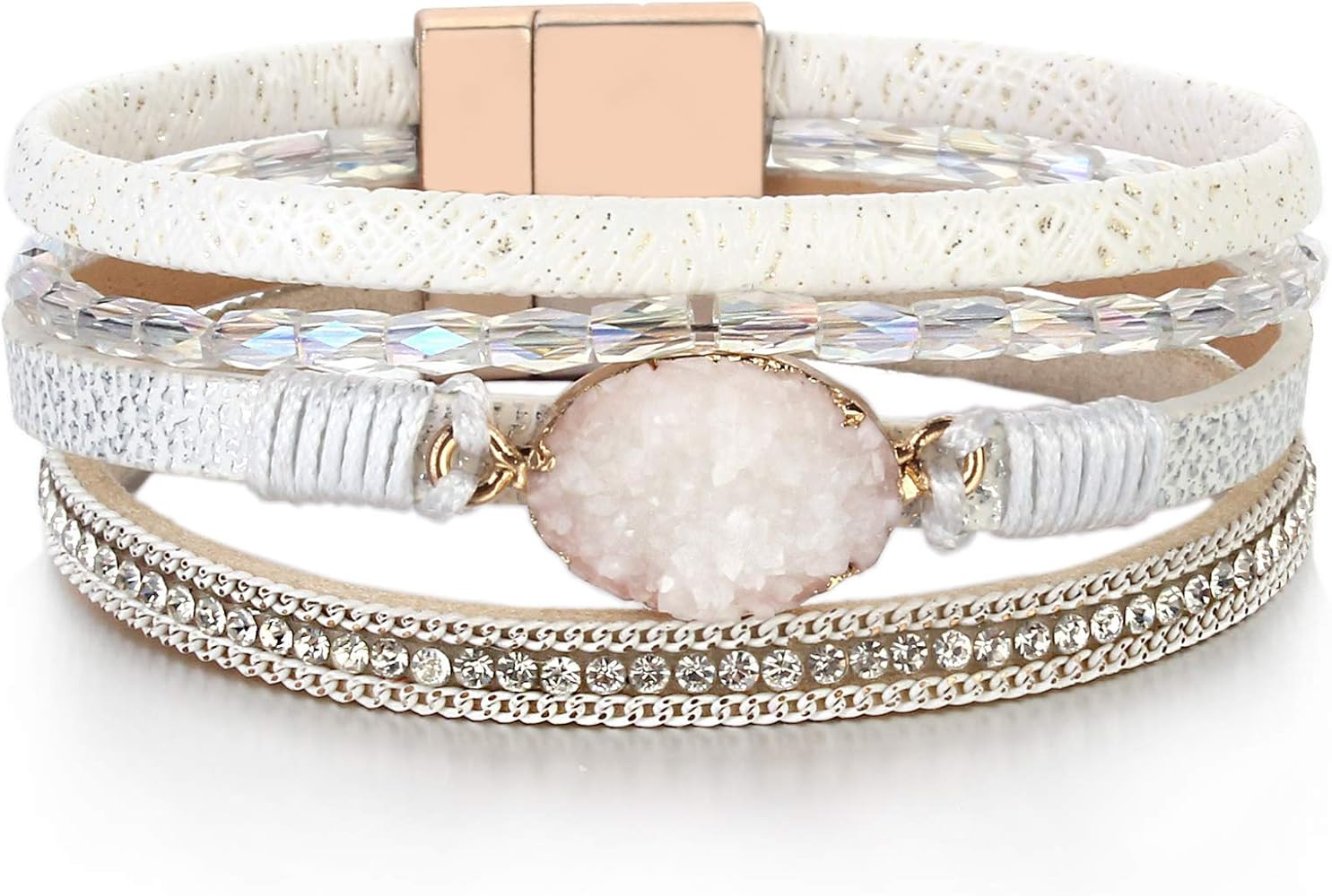 FANCY SHINY Leather Wrap Bracelet Boho Cuff Bracelets Crystal Bead Bracelet with Magnetic Clasp J... | Amazon (US)