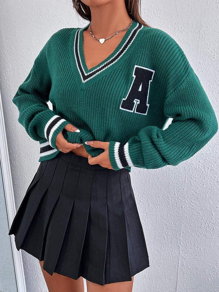 SHEIN Qutie Letter Patched Striped Trim Sweater | SHEIN