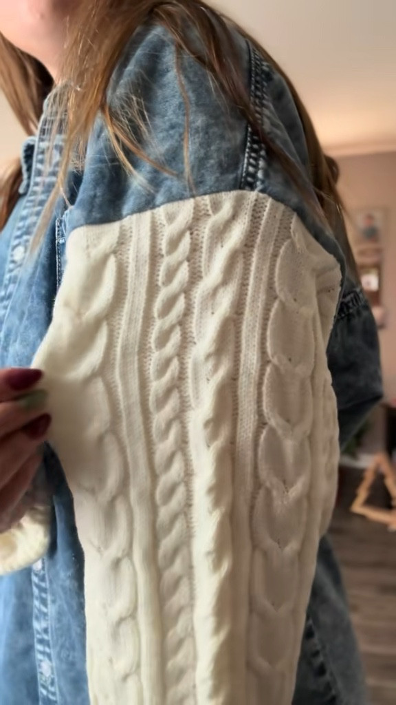 Women's Cozy Sweater Sleeve Denim Shacket, Oversized Button Down Jean Jacket with Knit Cuffs, Winter Layering Piece

#LTKFindsUnder50 #LTKSeasonal #LTKMidsize