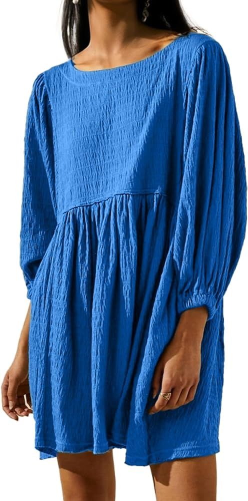 Simplee Apparel Womens Flowy Summer Tunic Dress Puff Sleeve Casual Babydoll Mini Dresses with Poc... | Amazon (US)