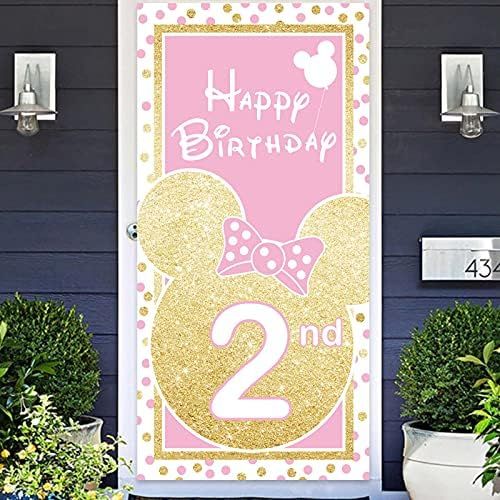 Cartoon Golden Pink Mouse Happy 2nd Birthday Banner Backdrop Background Supplies Favors Backdrop Oh  | Amazon (US)