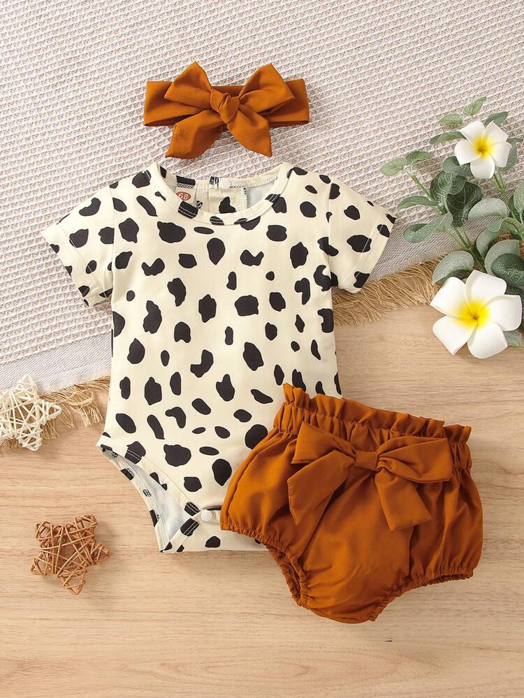 Baby Dalmatian Print Bodysuit & Paperbag Waist Bow Front Shorts & Headband | SHEIN