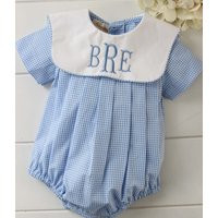Baby Boy Monogram Bubble Romper Outfit Square Portrait Collar, Personalized Romper, Blue Gingham | Etsy (US)