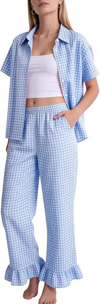 COZYPOIN Womens Gingham 2 Piece Set Plaid Cotton Pajama Sets Short Sleeve Button Shirt and Ruffle... | Amazon (US)