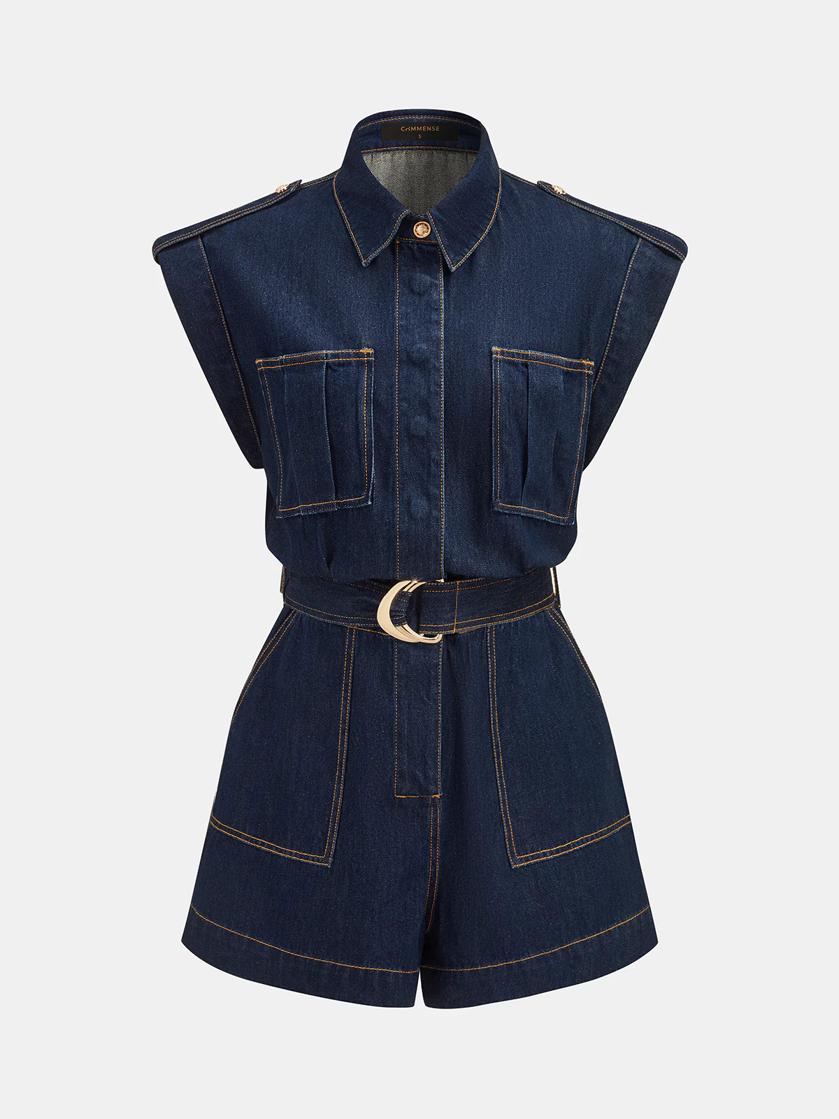 Belted Epaulet Denim Sleeveless Romper | Commense