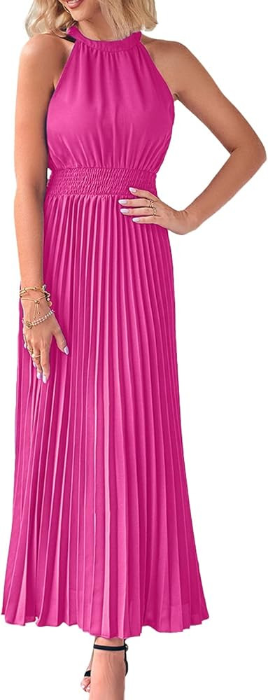 PRETTYGARDEN Women's Long Summer Sun Dresses 2023 Sleeveless Halter Neck Flowy Pleated Maxi Cocktail | Amazon (US)