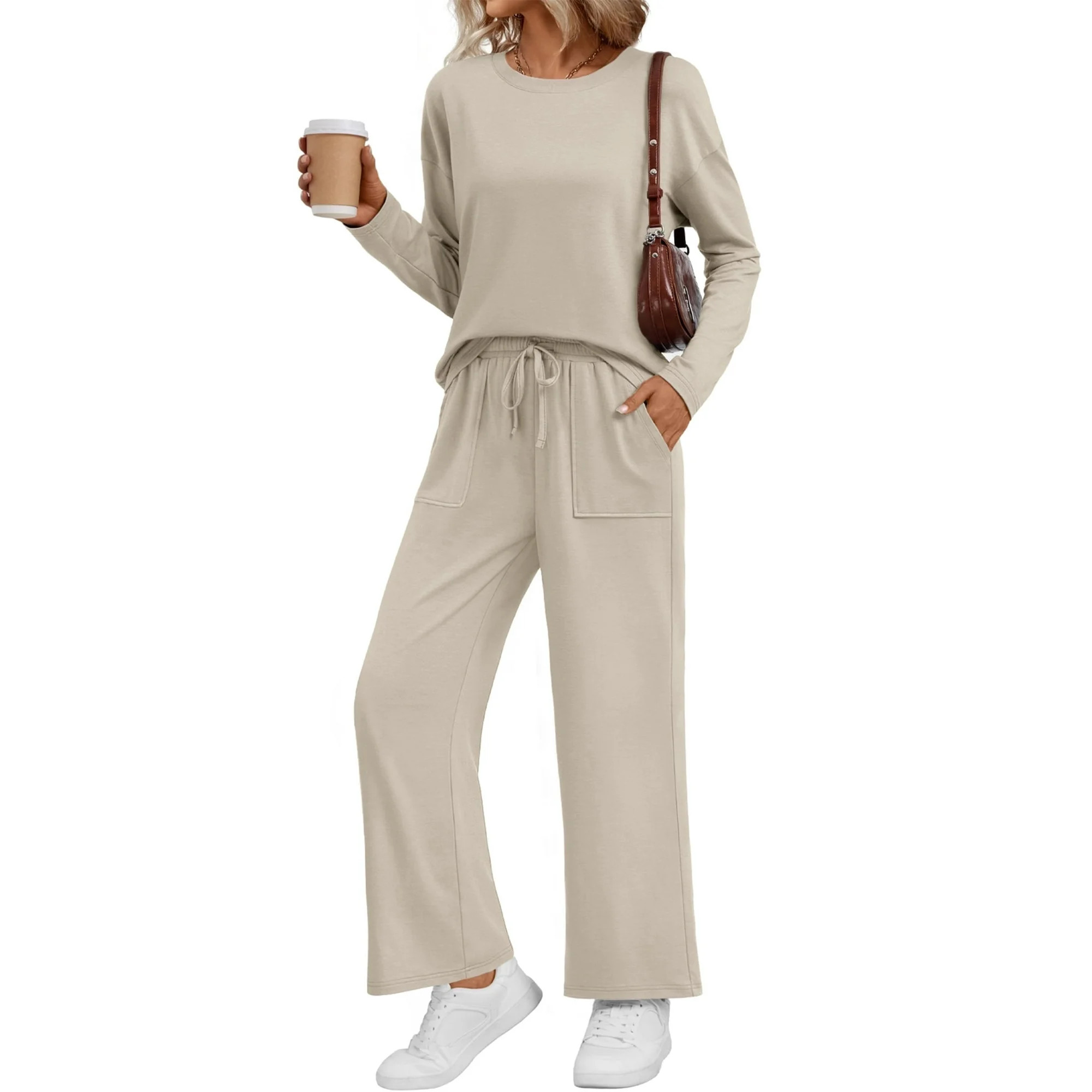 SUNBS 2 Piece Outfits Women Fall Lounge Sets Crew Neck Tops Wide Leg Pants Vacation Travel Sweats... | Walmart (US)
