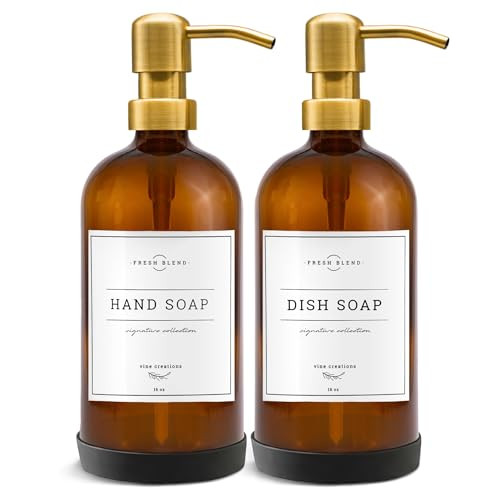 Vine Creations Amber Glass Soap Dispenser, 2 Pack Kitchen Soap Dispenser Set with Stainless Steel Pump, 16 oz Dish Soap and Hand Soap Dispensers for Bathroom with Waterproof Labels | Amazon (US)