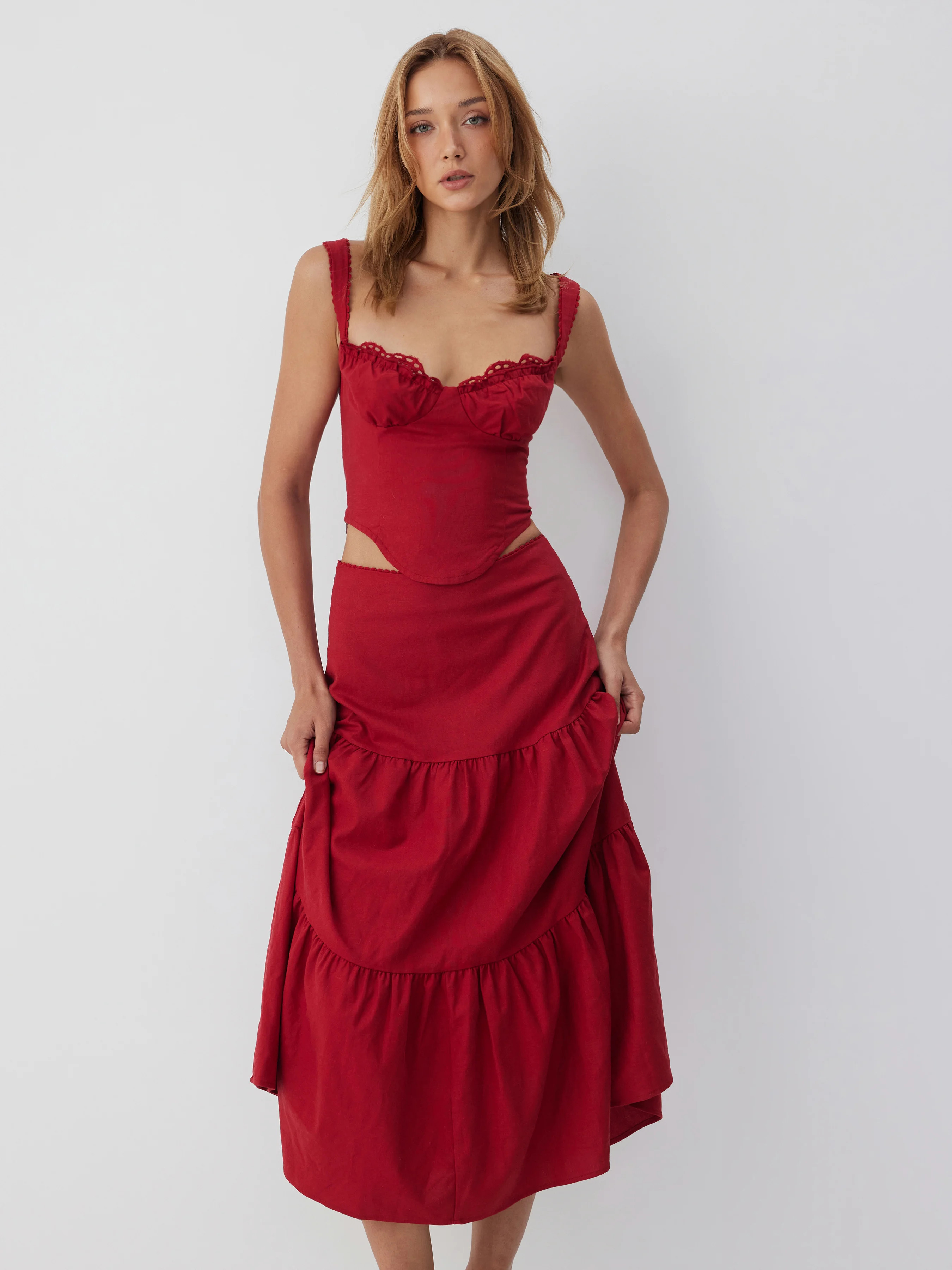 Linen-blend Sweetheart Corset Lace up Cami Top & High Rise Tiered Maxi Skirt Set | Cider