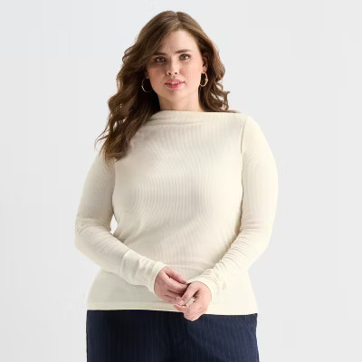 new!Ashley Graham Fine Rib Womens Plus Asymmetrical Neck Long Sleeve T-Shirt | JCPenney