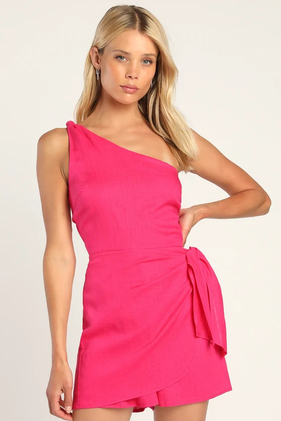 Tie and Low Hot Pink One-Shoulder Knotted Skort Romper | Lulus