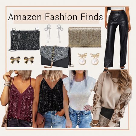 Amazon fashion finds! Holiday party outfits! Sequin tank tops and date night tops, glitter clutches, bow diamond earrings, and black leather pants! 

#LTKHoliday #LTKunder100 #LTKSeasonal
