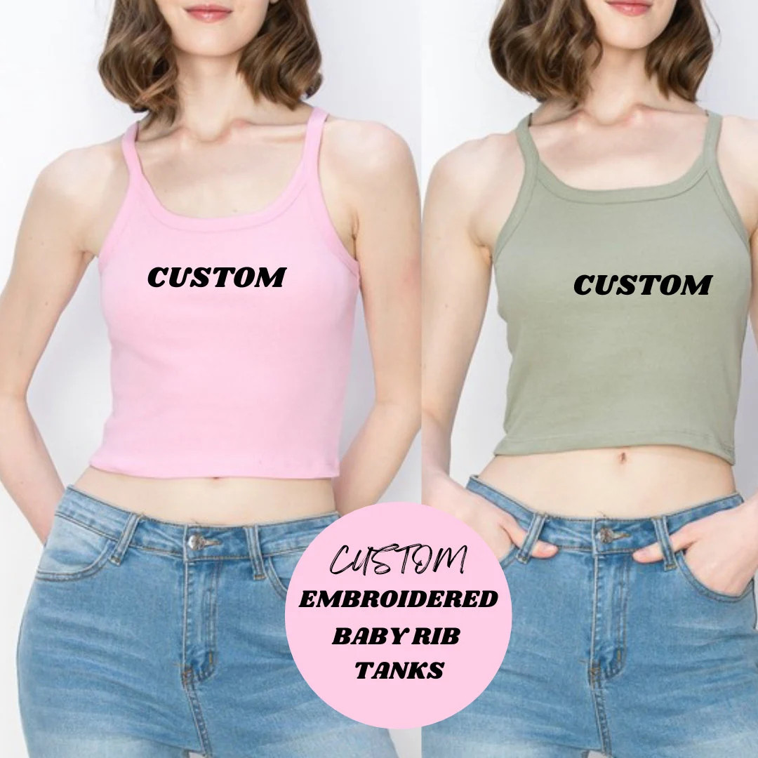 Custom Embroidered Baby Rib Spaghetti Strap Tank Top, Personalized Tank Top, Custom Tank | Etsy (US)