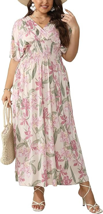 OSTOO Women's Plus Size Hawaii Empire Waist Bat Short Sleeve Casual Floral Print Boho Maxi Dress | Amazon (US)