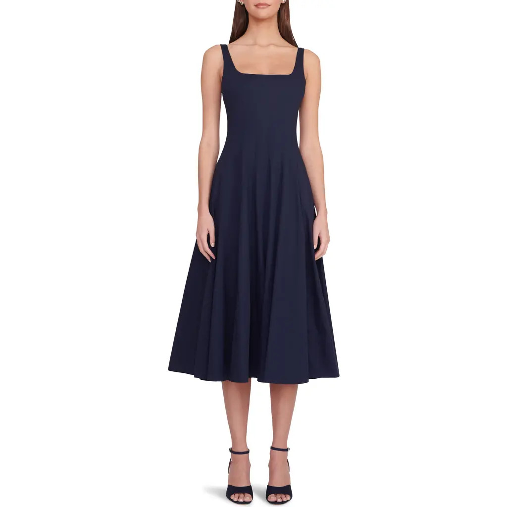 STAUD Wells Stretch Cotton Poplin Midi Fit & Flare Dress in Navy at Nordstrom, Size 00 | Nordstrom