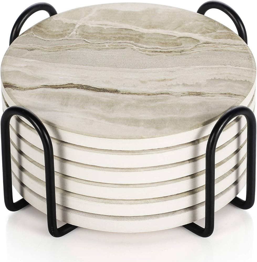 LIFVER Drink Coasters with Holder, Absorbent Coaster Sets of 6, Marble Style Ceramic Drink Coaste... | Amazon (US)