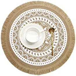 Set of 6 Boho Round Burlap Woven Placemats with Fringe,15 Inch Mandala Table Mats Washable Heat R... | Amazon (US)