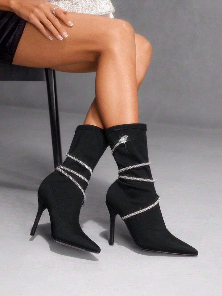 CUCCOO SZL Women's Fashion Black Snake Shaped Rhinestone Embellished Elastic Boot Socks, New Styl... | SHEIN