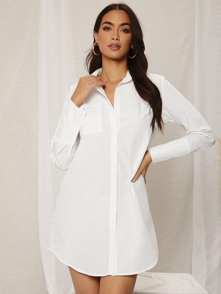 SHEIN SXY Pocket Front Curved Hem Shirt Dress | SHEIN