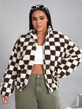 SHEIN EZwear Plus Checker Print Drop Shoulder Teddy Jacket | SHEIN