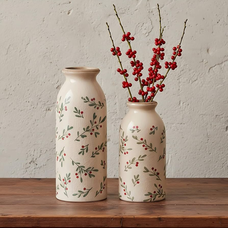 Ceramic Vase Set of 2, Christmas Holly Vases, Hand-Painted Rustic Decor, Ice Cracked Glaze, Xmas ... | Amazon (CA)