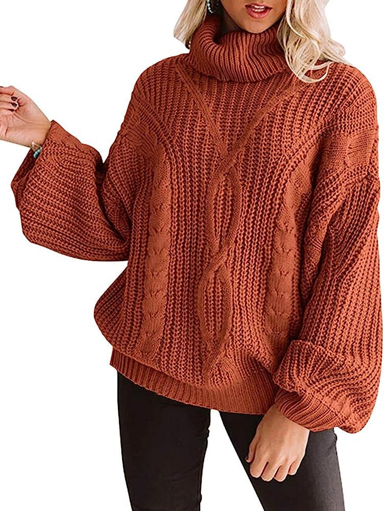 YUOIOYU Women's Long Sleeve Turtleneck Sweater Chunky Cable Knit Oversized Pullover Jumper Tops | Amazon (US)