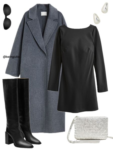 Winter outfit inspiration! Details below:
-Grey long wool coat
-Satin black mini dress
-Knee high black boots
-Silver crossbody bag
-Silver dome earrings
-Celine sunglasses 


#LTKfindsunder100 #LTKstyletip #LTKSeasonal