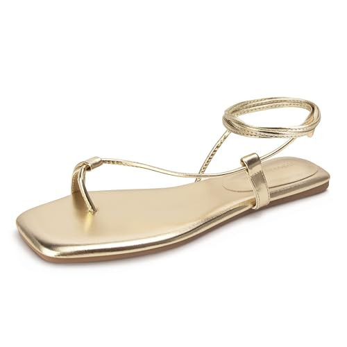 Viciously Vixen Women's Lace Up Sandals Strappy Flats Gladiator Wrap Flip Flop Tie Open Ring Toe Summer Shoes, Gold, 9 | Amazon (US)