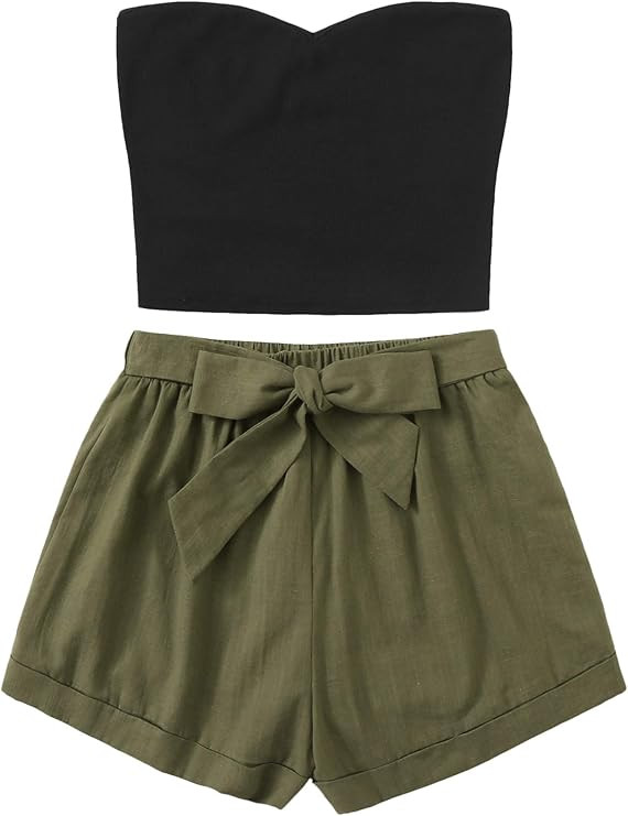 Floerns Women's 2 Piece Outfit Summer Plain Tube Crop Top with Shorts | Amazon (US)