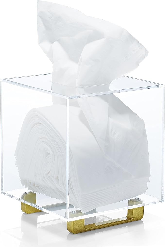 YoBa 3mm Thick Clear Acrylic Square Tissue Box Holder with Gold Plated Aluminum Legs for Bathroom... | Amazon (US)