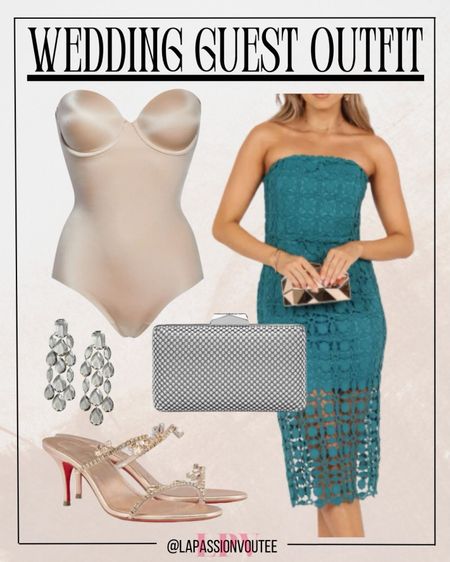Step into elegance with a strapless lace midi dress, paired with dazzling chandelier drop earrings. A mesh clutch bag adds sophistication, while a strapless bodysuit ensures a seamless fit. Complete the look with crystal-embellished slide sandals for a chic and stylish wedding guest ensemble.

#LTKStyleTip #LTKWedding #LTKSeasonal