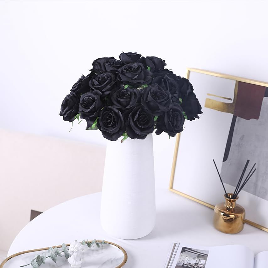 Laelfe 12 PCS Artificial Flowers Roses Fake Silk Flowers Long Stem Artificial Black Roses for Hallow | Amazon (US)
