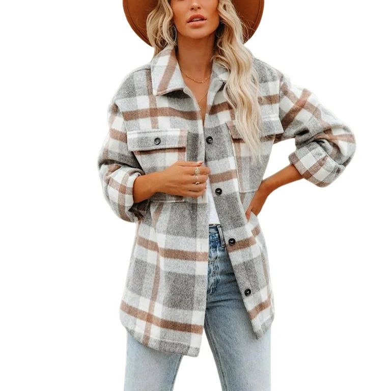 Womens Flannel Plaid Shirt Jacket Button Down Long Sleeve Shacket Coat Fall Warm Outwear Clothes | Walmart (US)
