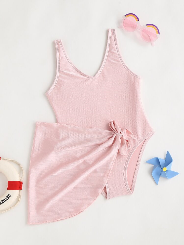 2pack Toddler Girls Plain One Piece Swimsuit With Beach Skirt | SHEIN