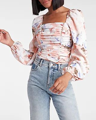 Floral Print Square Neck Ruched Front Top | Express